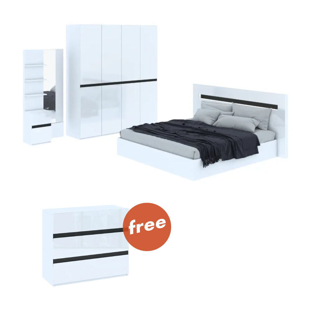 BUY ILLUSION PLUS BEDROOM SET 5 FT. (BED(BASE), WARDROBE 4 DOORS, DRESSING TABLE) GET FREE! ILLUSION PLUS CHEST OF 3 DRAWER 100 CM