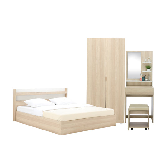 FURINBOX CHAMP BEDROOM SET 6 FT. (BED,2 DOORS WARDROBE, DRESSING TABLE WITH STOOL) - LIGHT WOODWHITE